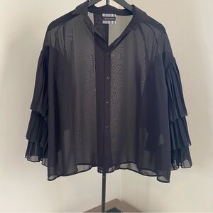 Elegant Black Sheer Blouse with Tiered Sleeves